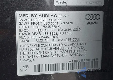 2007 Audi Q7 4.2 Premium z USA, uszkodzony, nr VIN WA1BV74L77D080868